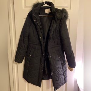 A New Day Long Puffer Coat with Faux Fur Hood Detail